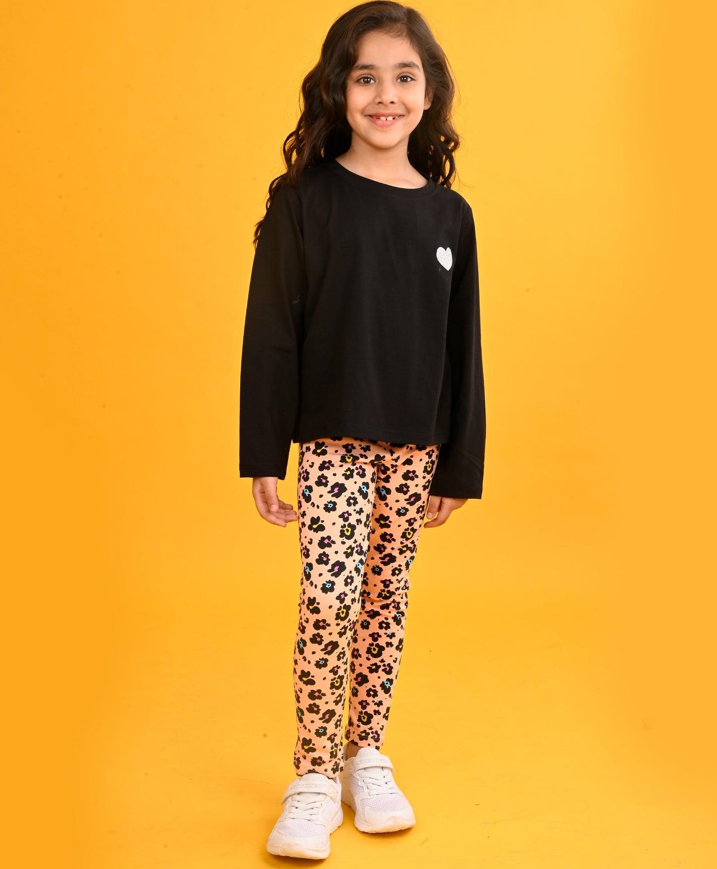 BLACK HEART LONG SLEEVES GIRLS T-SHIRT LEOPARD PEACH LEGGING SET - BLACK/PEACH