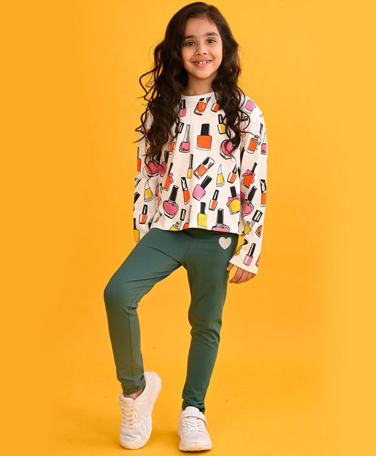 NAIL PAINT LONG SLEEVES GIRLS T-SHIRT GREEN HEART LEGGING SET - WHITE/GREEN