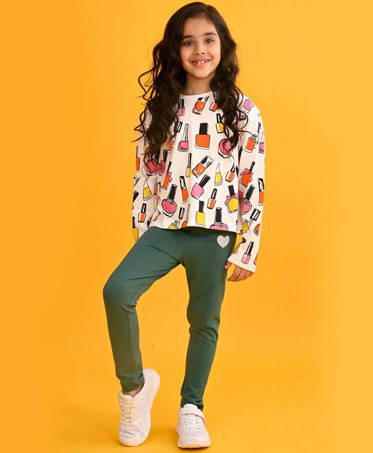 NAIL PAINT LONG SLEEVES GIRLS T-SHIRT GREEN HEART LEGGING SET - WHITE/GREEN - Anthrilo