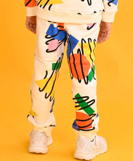 SHAPES PRINT FLEECE GIRLS JOGGER - WHITE