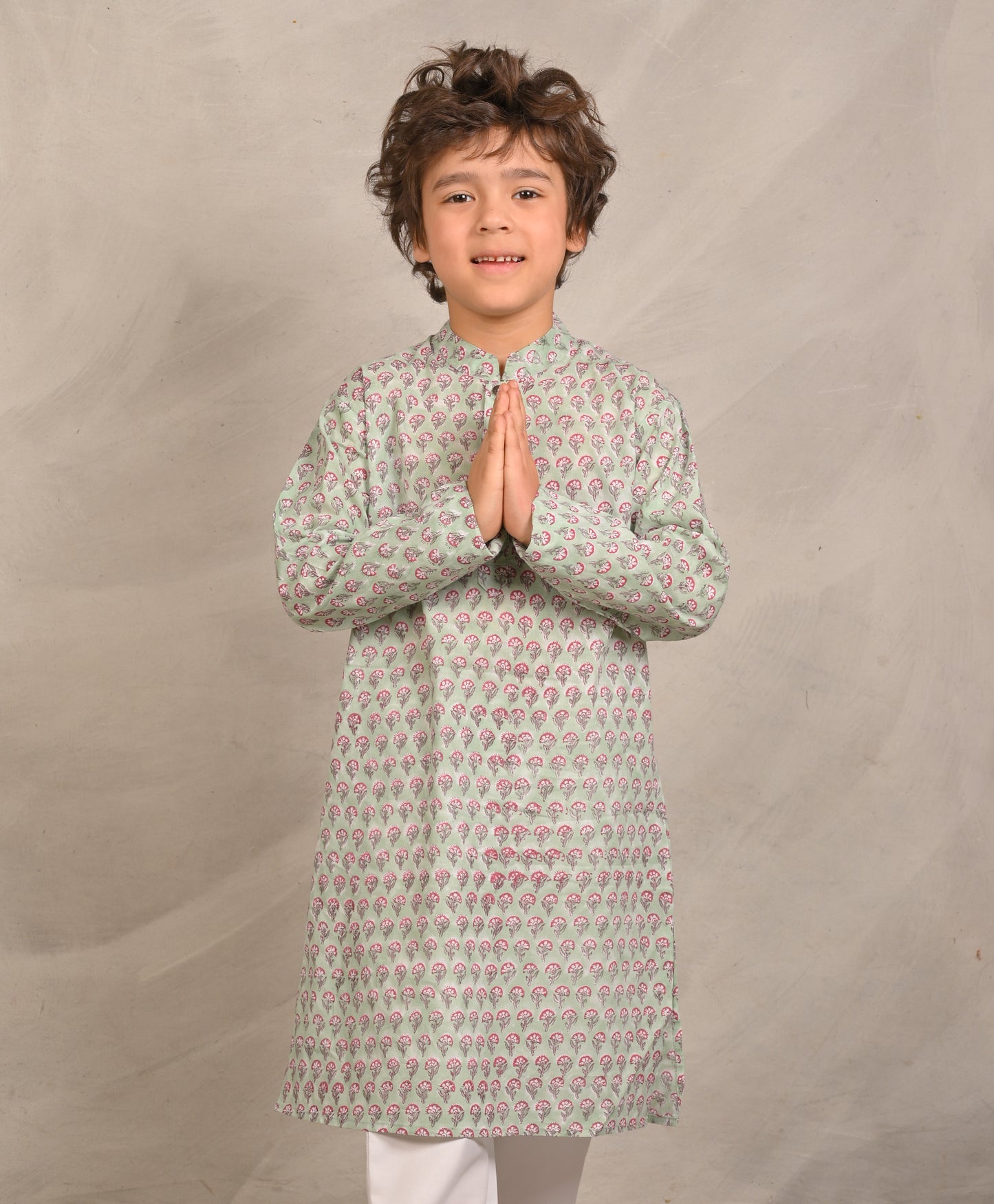 SAGE GREEN BLOCK PRINT PURE COTTON KURTA - SEA GREEN