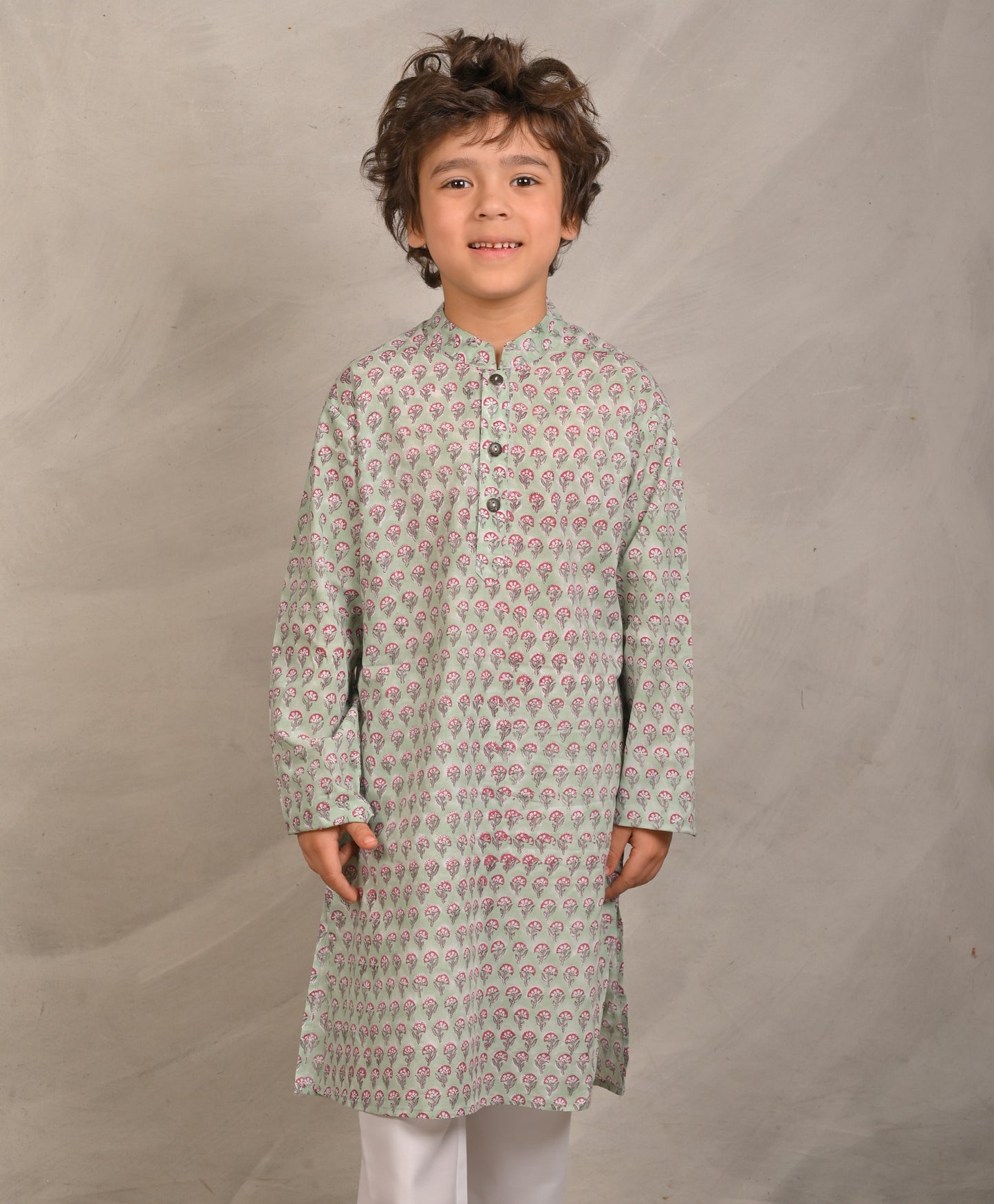 SAGE GREEN BLOCK PRINT PURE COTTON KURTA - SEA GREEN
