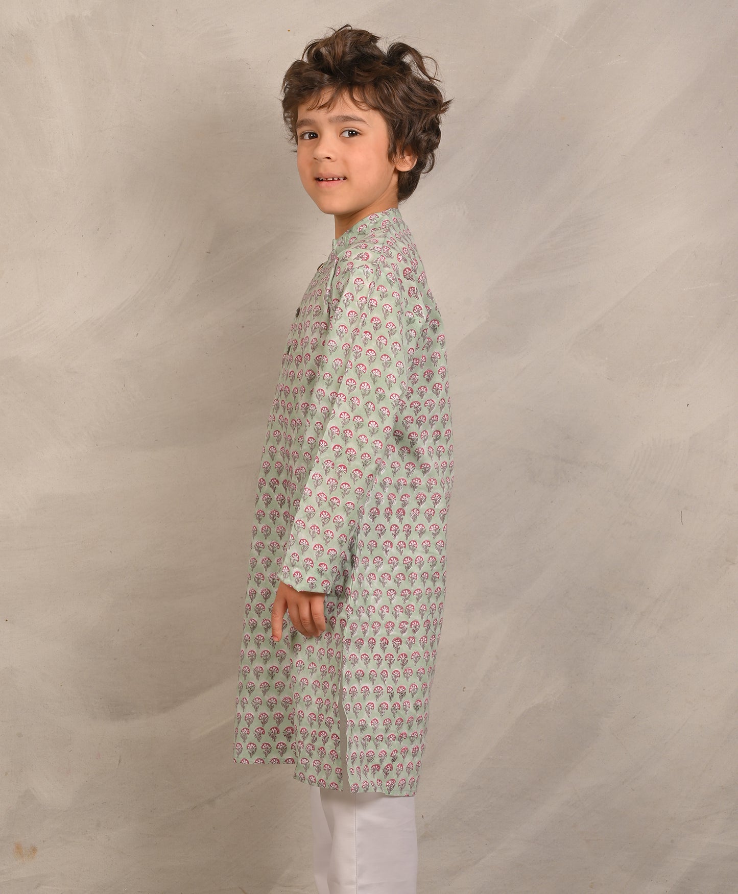 SAGE GREEN BLOCK PRINT PURE COTTON KURTA - SEA GREEN