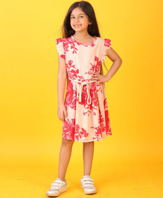 FLORAL PEACH FRILL SUMMER DRESS -PEACH