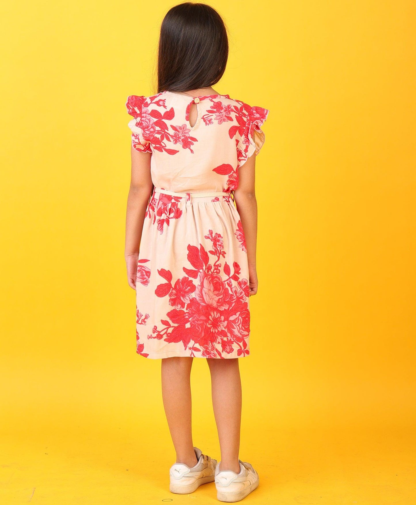FLORAL PEACH FRILL SUMMER DRESS -PEACH