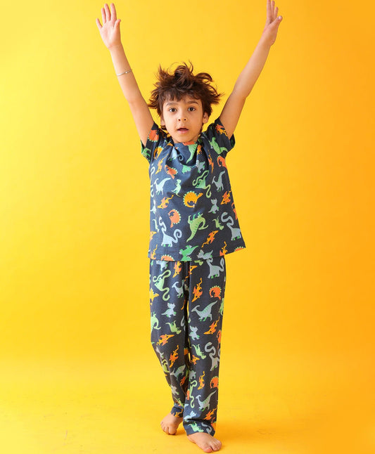 BLUE DINO DREAMS SHORT SLEEVES PYJAMA SET - BLUE