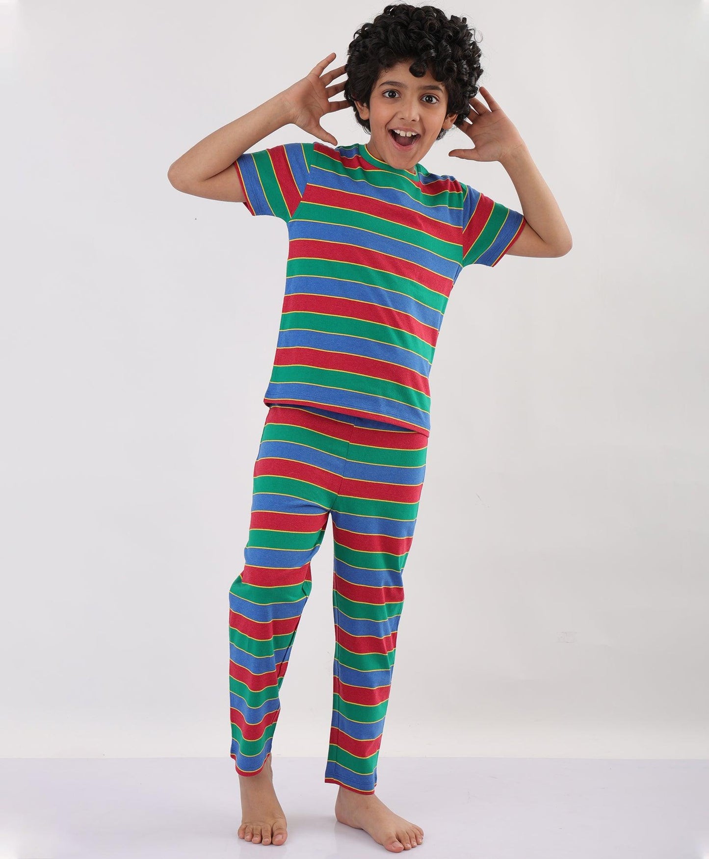SUMMER RED ROYAL YELLOW STRIPED SHORT SLEEVES PYJAMA SET - RED/ROYAL