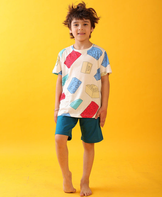 BLOCK BUILDER TEAL SLEEPWEAR SHORT SET - WHITE/TEAL