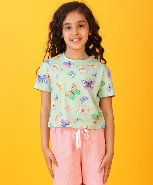 BUTTERFLY GREEN SHORT SLEEVES SUMMER T-SHIRT - GREEN