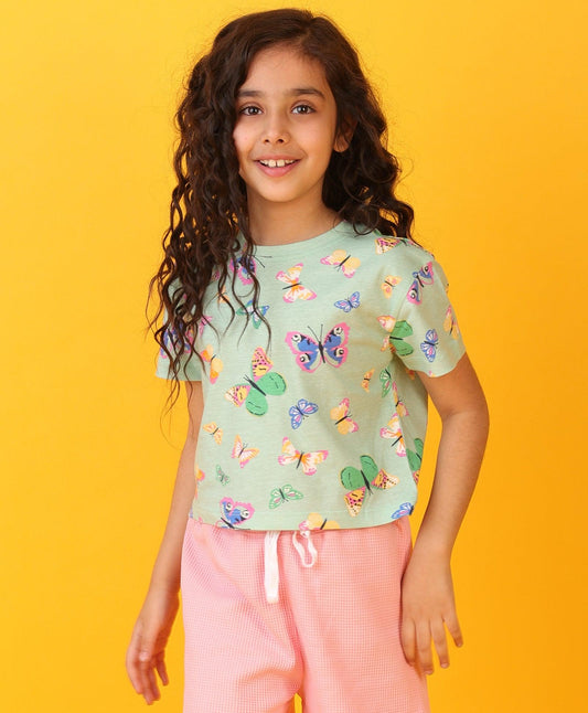 BUTTERFLY GREEN SHORT SLEEVES SUMMER T-SHIRT - GREEN