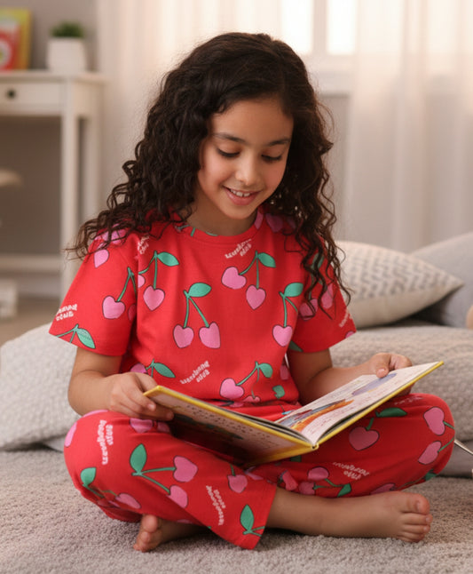 CHERRY RED SHORT SLEEVES PYJAMA SET - RED