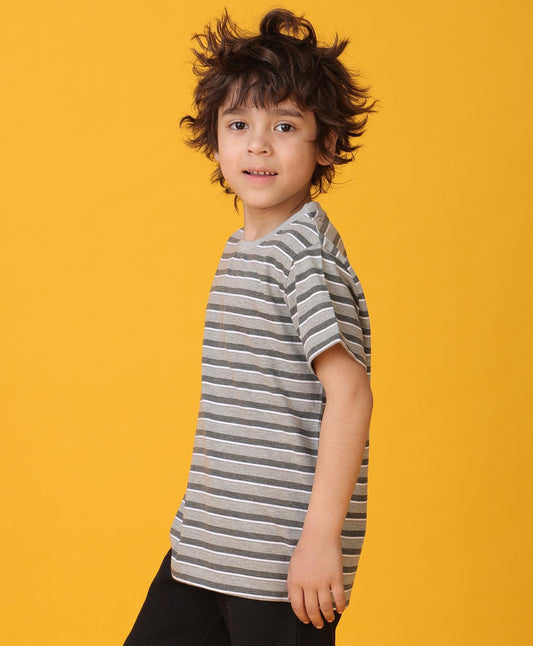 GREY MELANGE STRIPED SHORT SLEEVES BOYS T-SHIRT - GREY