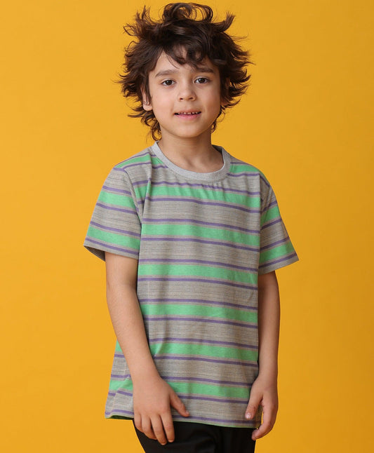 GREEN GREY STRIPED SHORT SLEEVES BOYS T-SHIRT -GREEN
