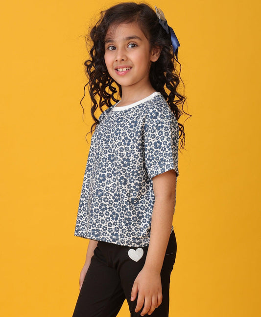 FLORAL BLUE SHORT SLEEVES GIRLS T-SHIRT - BLUE - Anthrilo