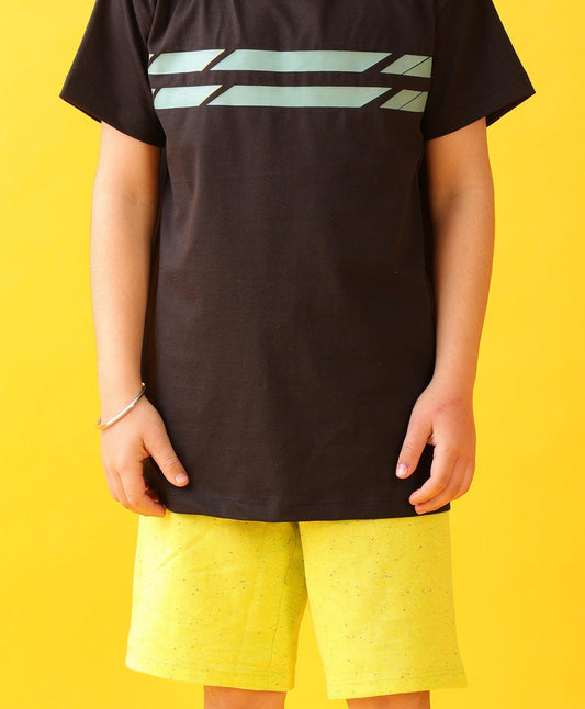 BLACK ENGLAND STRIPED LIME BOYS SHORTS SET - BLACK/LIME