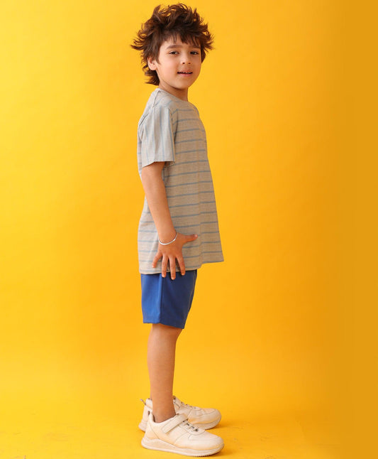 GREY BLUE STRIPED ROYAL BOYS SHORTS SET - GREY/ROYAL