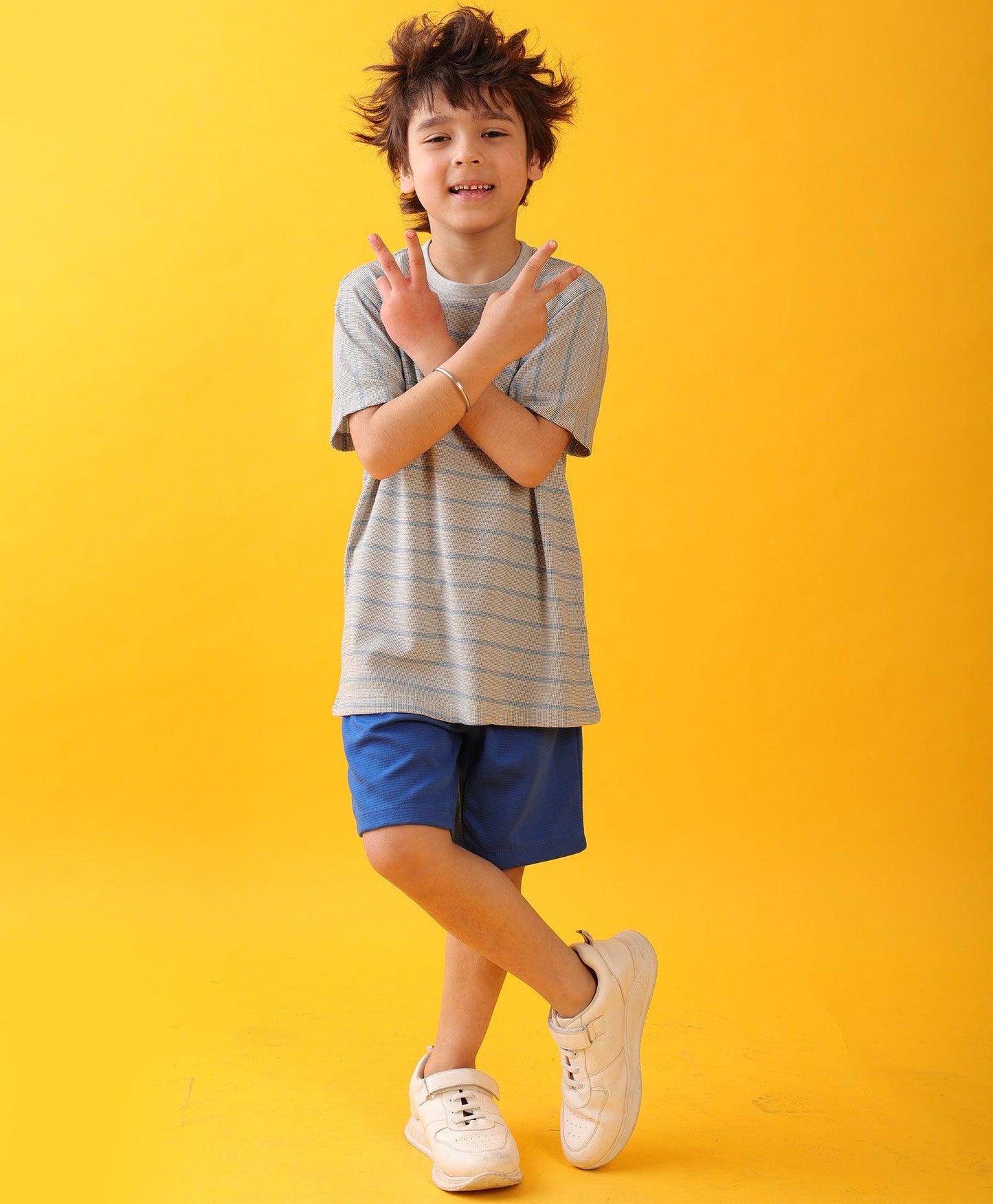 GREY BLUE STRIPED ROYAL BOYS SHORTS SET - GREY/ROYAL