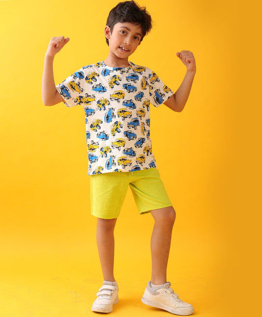 CARS PRINT LIME BOYS SHORTS SET - WHITE/LIME