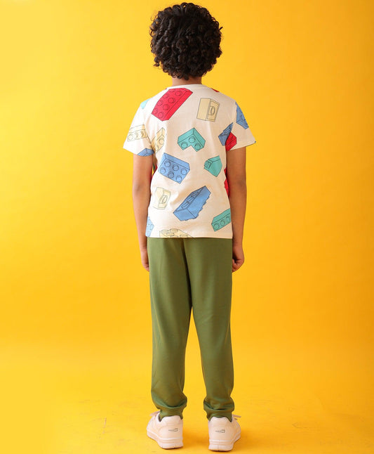 BLOCK BUILDER OLIVE BOYS SUMMER JOGGER SET - WHITE/OLIVE