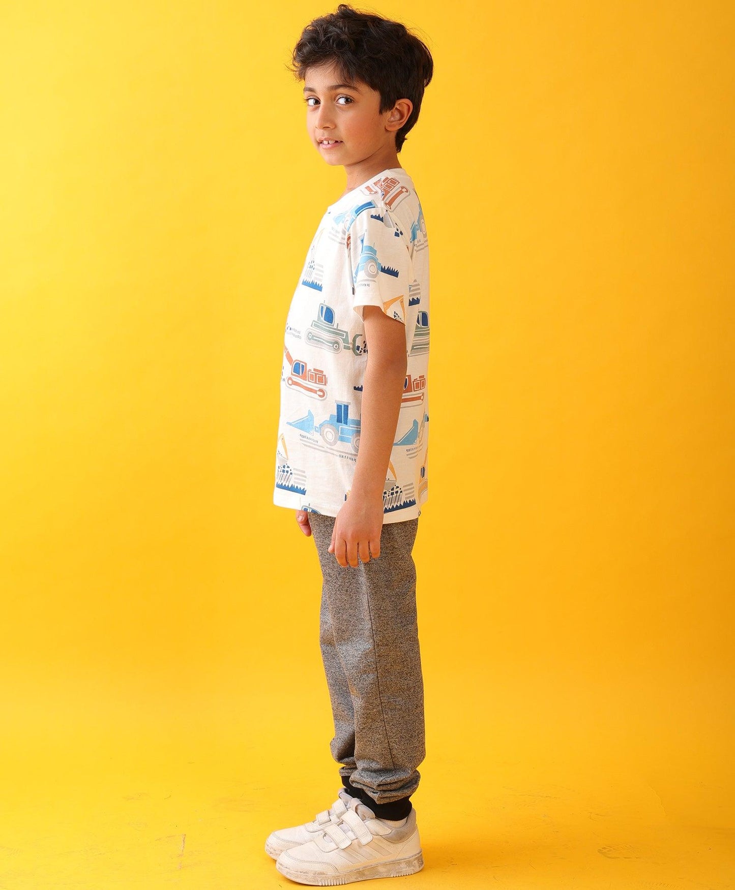 DIGGER PRINT BLACK MELANGE BOYS SUMMER JOGGER SET - WHITE/BLACK MELANGE