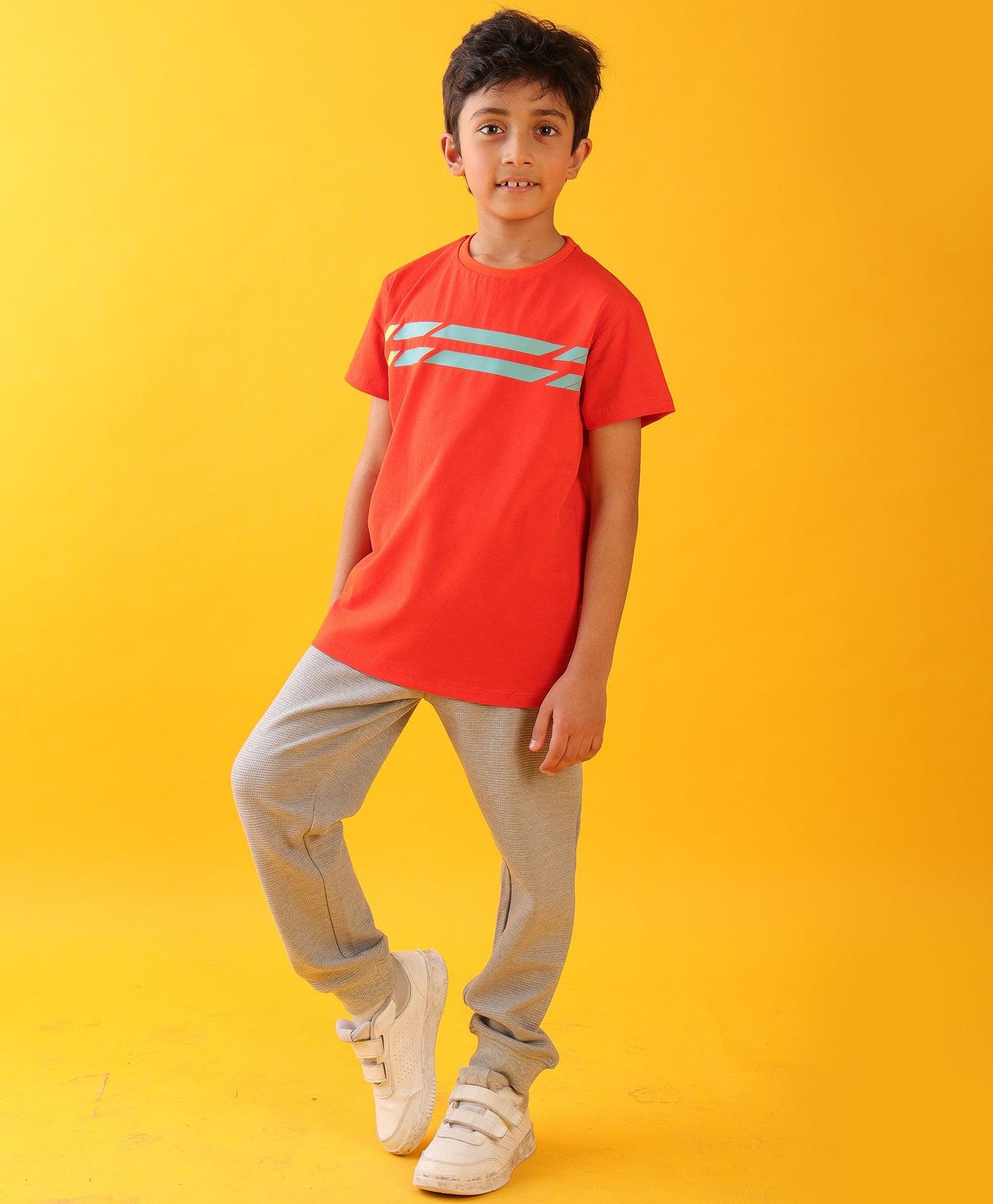 ORANGE ENGLAND STRIPED GREY TEXTURED BOYS SUMMER JOGGER SET - ORANGE/GREY