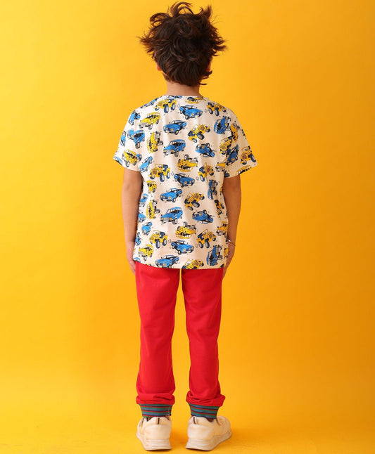 CARS PRINT SUMMER RED RIB BOYS JOGGER SET - WHITE/RED