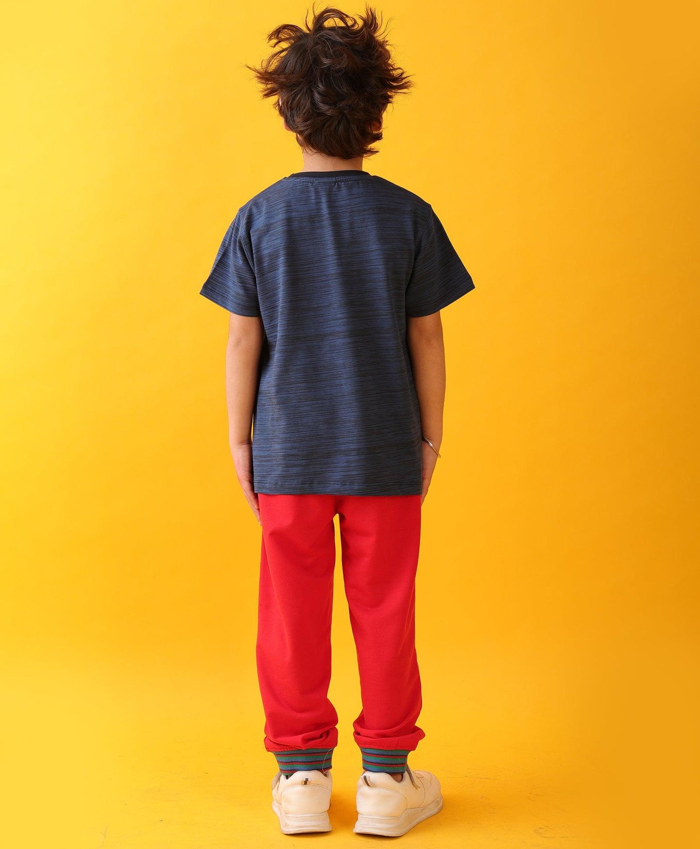 NAVY TEXTURED SUMMER RED RIB BOYS JOGGER SET - NAVY/RED
