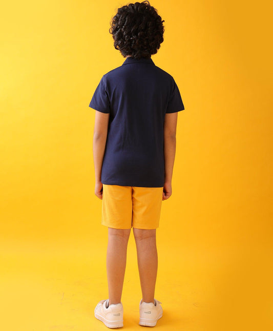 NAVY POLO MUSTARD SUMMER SHORTS SET - NAVY/MUSTARD