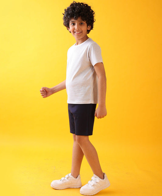 CHECK WHITE DENIM TEXTURED SHORTS SET - WHITE/DENIM