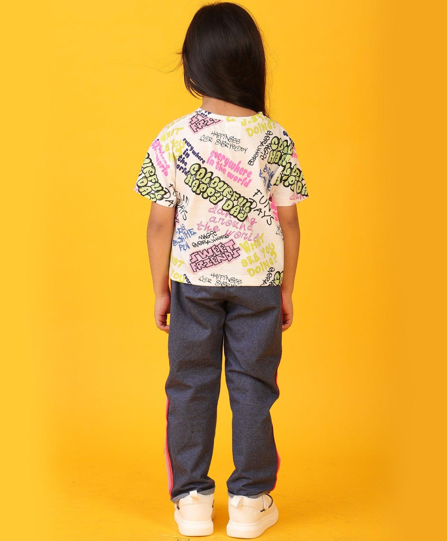 COLORFUL HAPPINESS BLUE MELANGE GLITTER TAPE JOGGER SET - WHITE/BLUE