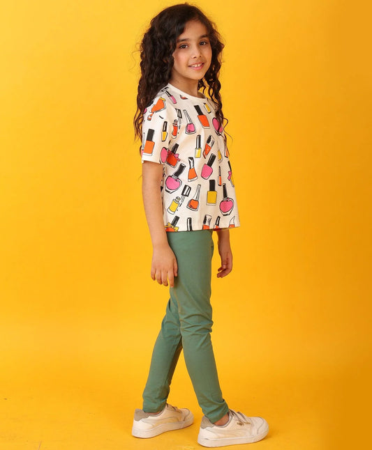 NAIL PAINT GREEN HEART FUN LEGGING SET - WHITE/GREEN - Anthrilo