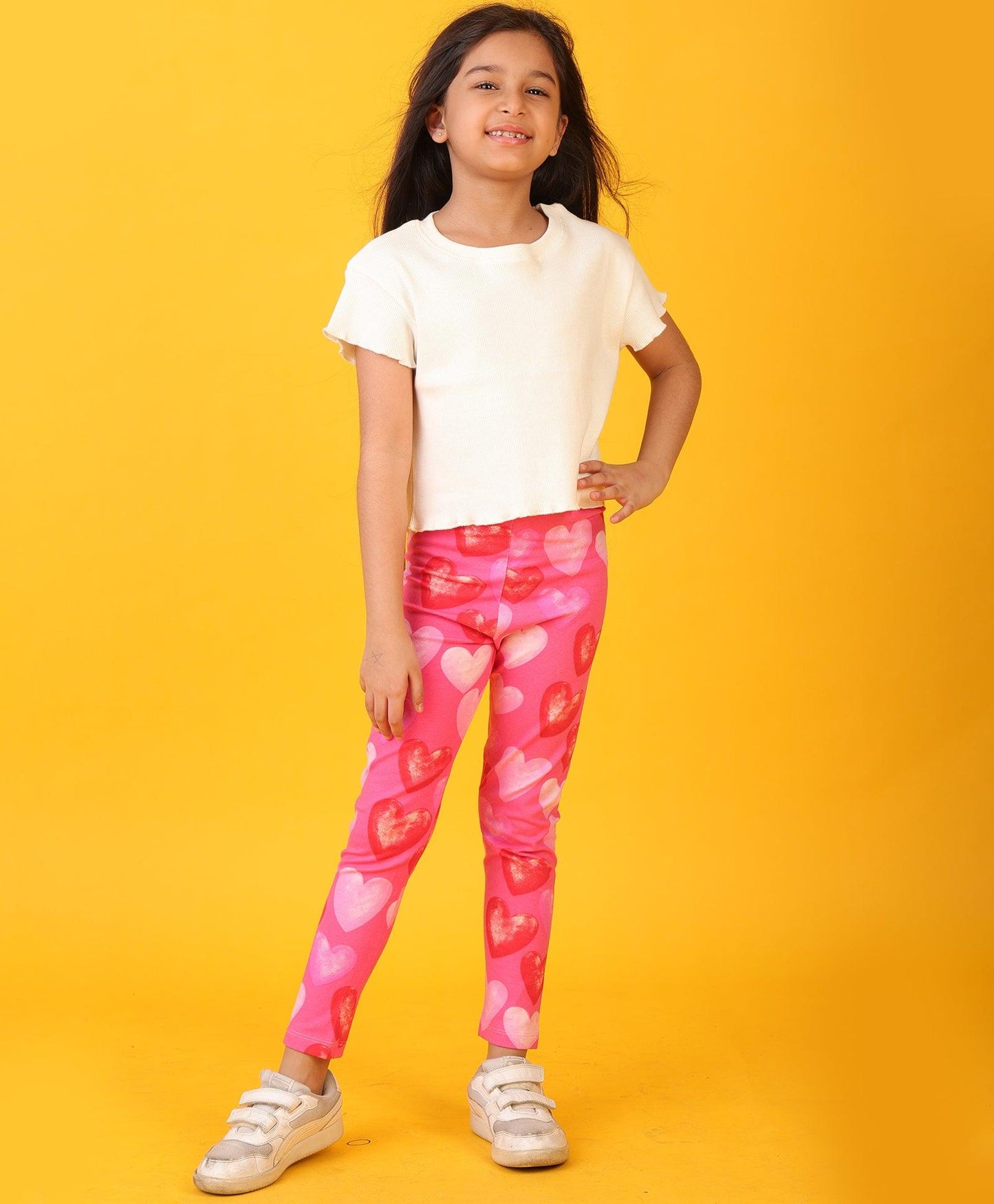 WHITE RIBBED PINK HEART LEGGING SET - WHITE/PINK