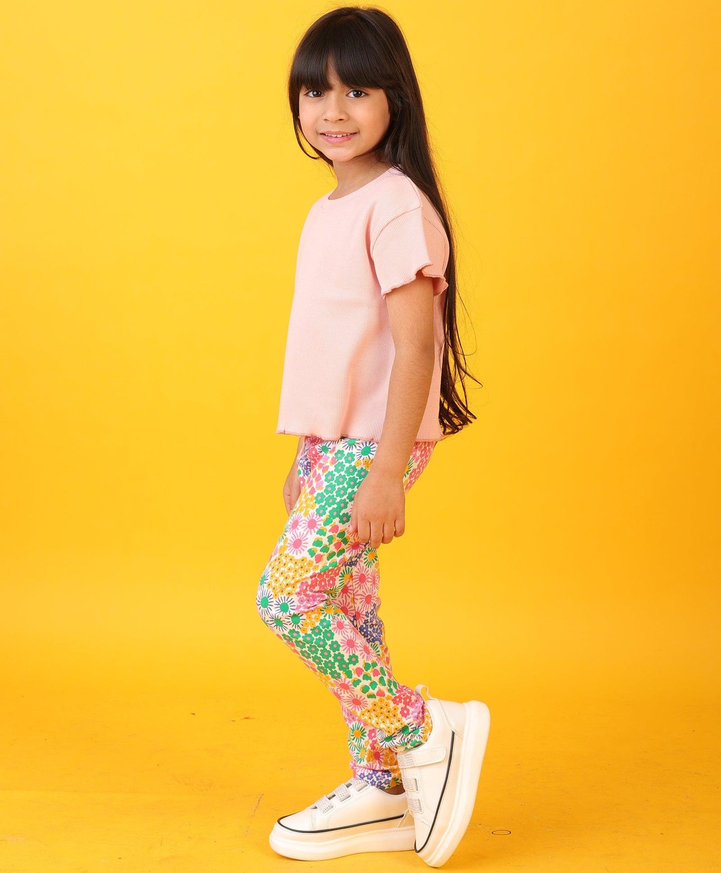 PINK RIBBED SUMMER FLOWER LEGGING SET - PINK/WHITE