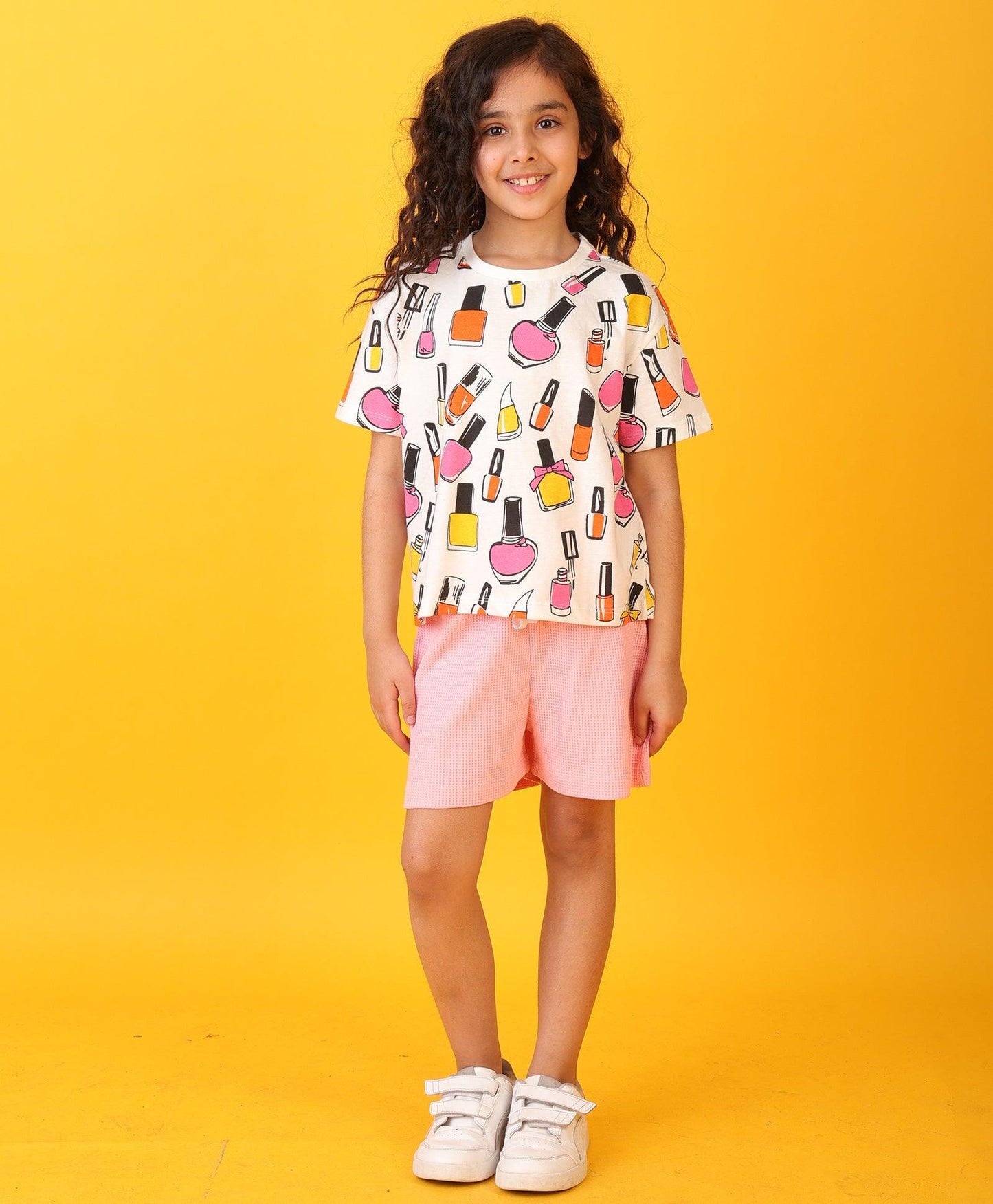 NAIL PAINT PINK GIRLS SHORTS SET - WHITE/PINK
