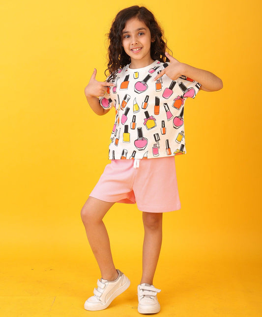 NAIL PAINT PINK GIRLS SHORTS SET - WHITE/PINK