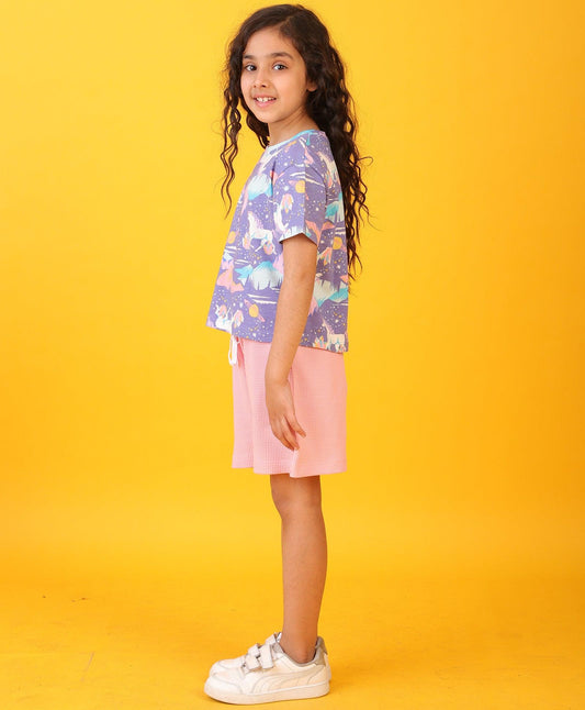 UNICORN PLANET PINK GIRLS SHORTS SET - PURPLE/PINK