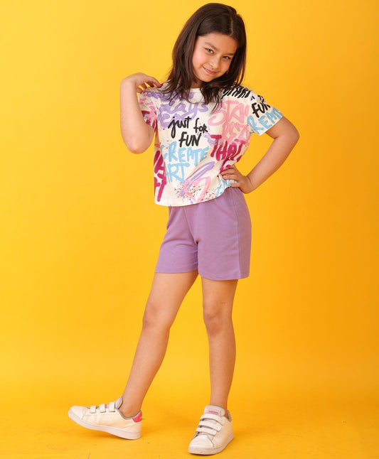 CREATE ART PURPLE GIRLS SHORTS SET - WHITE/PURPLE