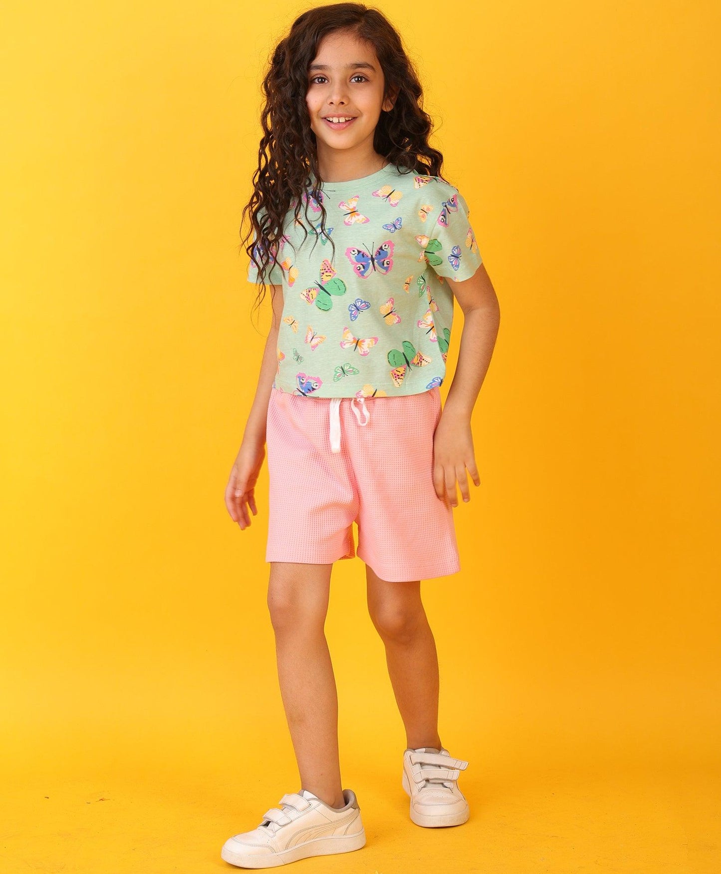 BUTTERFLY PINK GIRLS SHORTS SET - GREEN/PINK