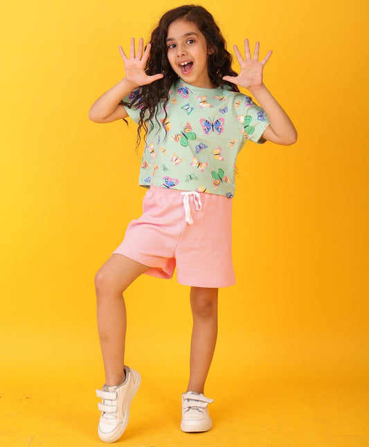 BUTTERFLY PINK GIRLS SHORTS SET - GREEN/PINK