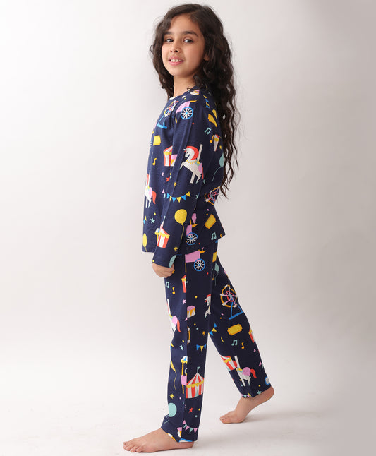 SUMMER CARNIVAL CIRCUS GIRLS LONG SLEEVES PYJAMA SET - NAVY