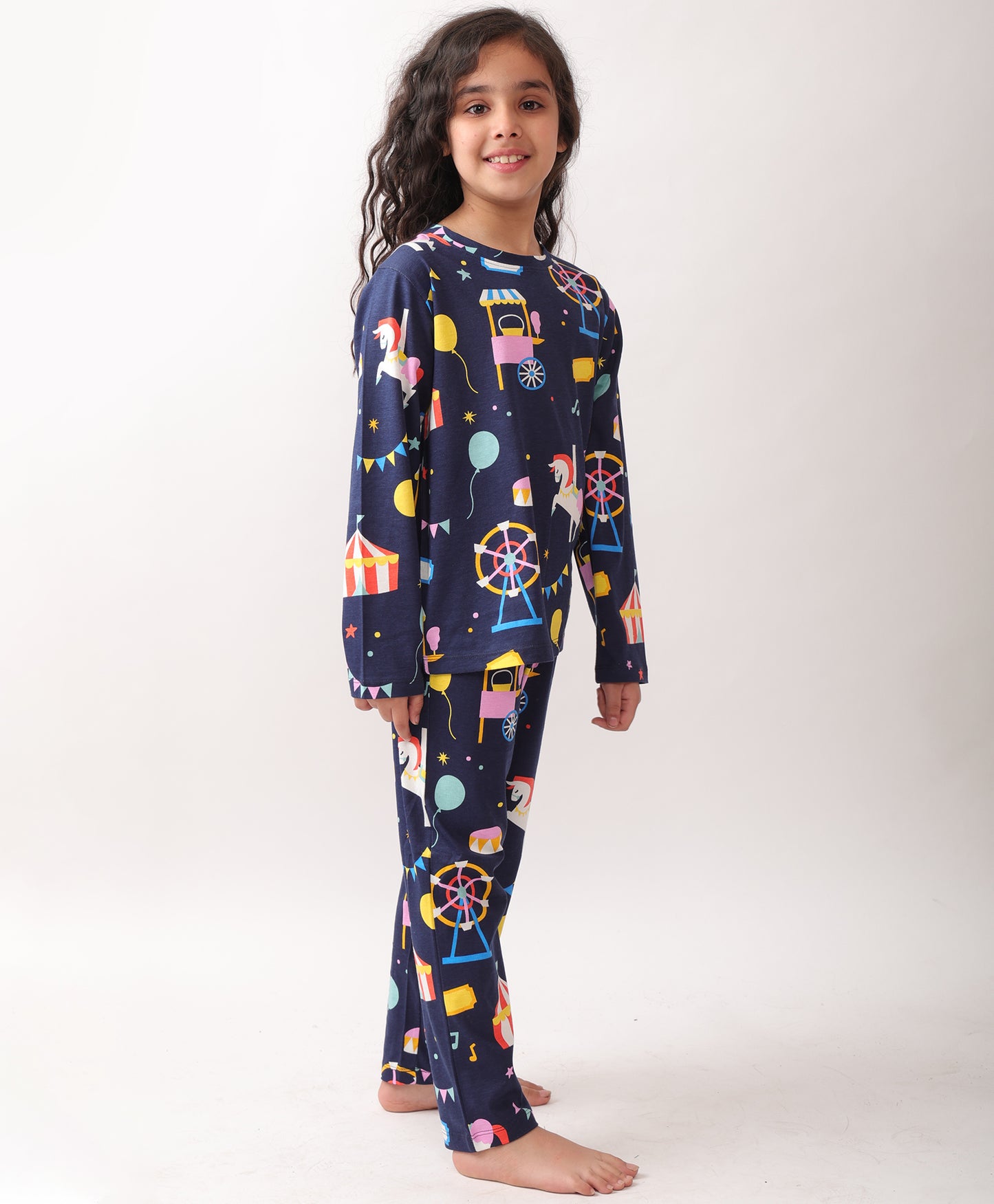 SUMMER CARNIVAL CIRCUS GIRLS LONG SLEEVES PYJAMA SET - NAVY