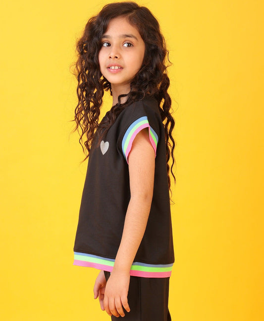 BLACK HEART FUN CAP SLEEVES SUMMER T-SHIRT - BLACK