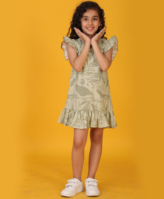 SEA GREEN FLORAL TEXTURE FRILL DRESS -GREEN