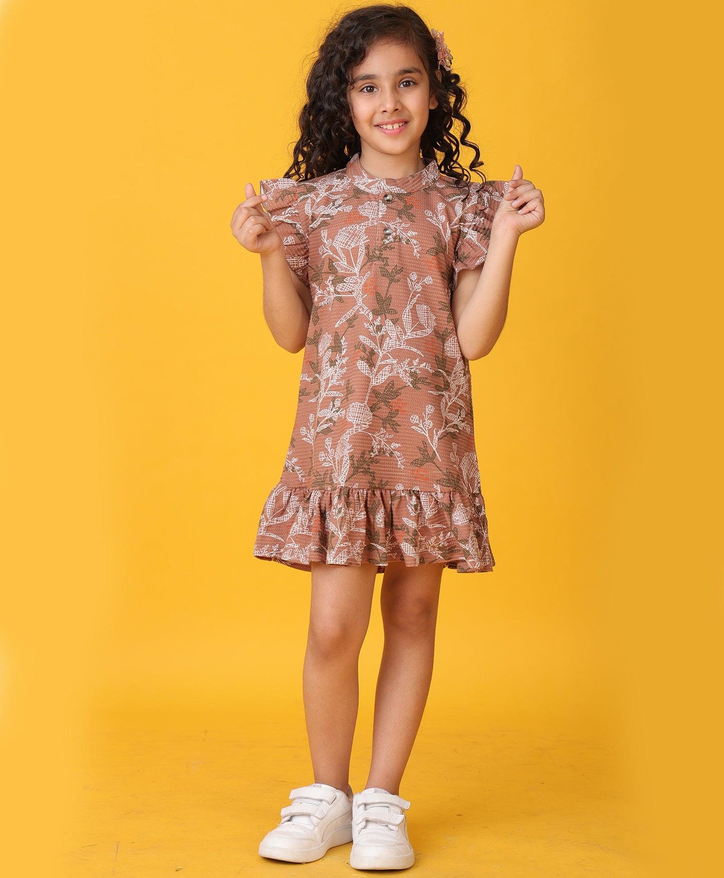 BROWN FLORAL TEXTURE FRILL DRESS - BROWN