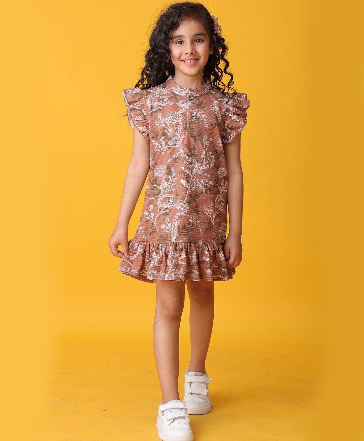 BROWN FLORAL TEXTURE FRILL DRESS - BROWN