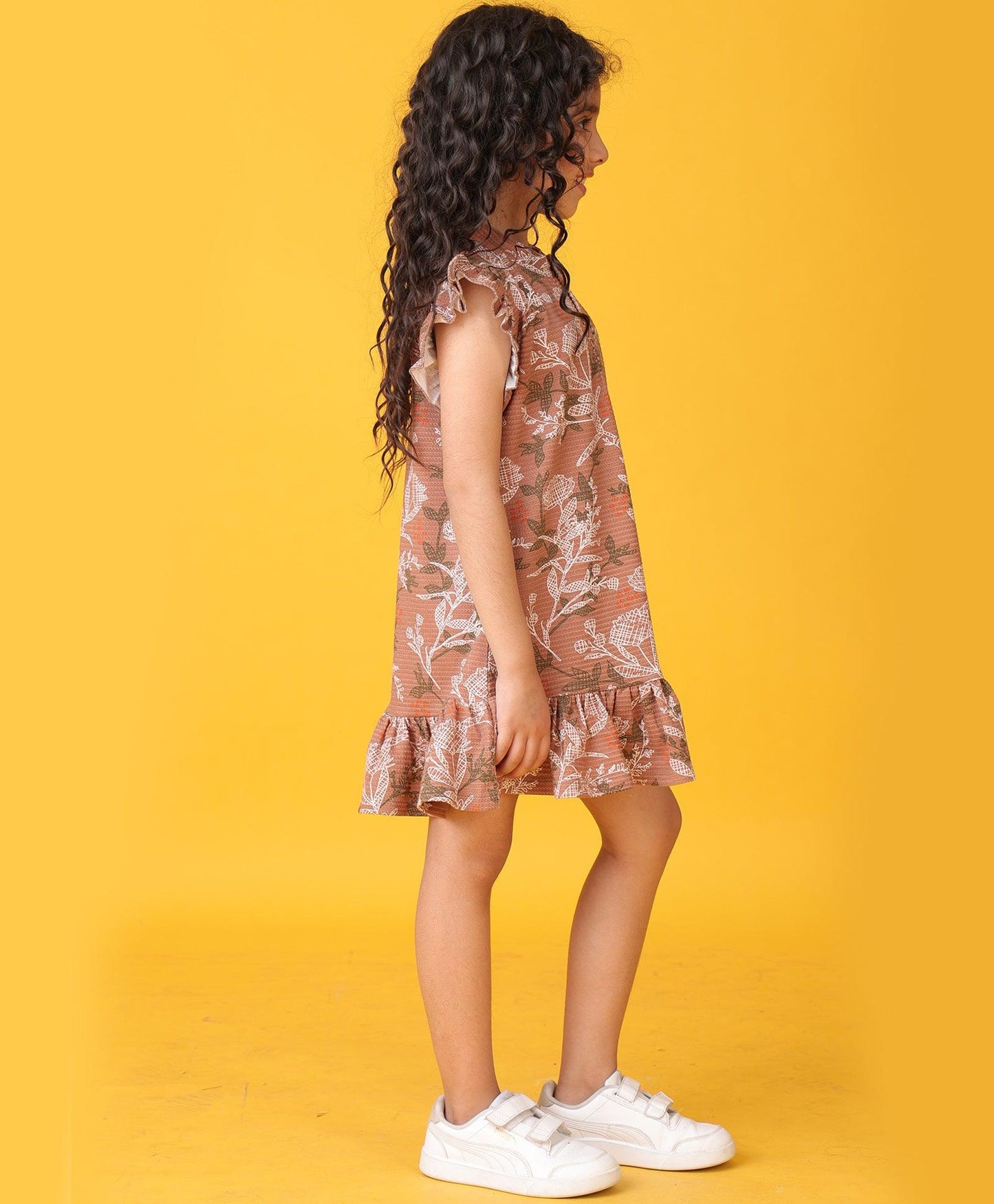 BROWN FLORAL TEXTURE FRILL DRESS - BROWN