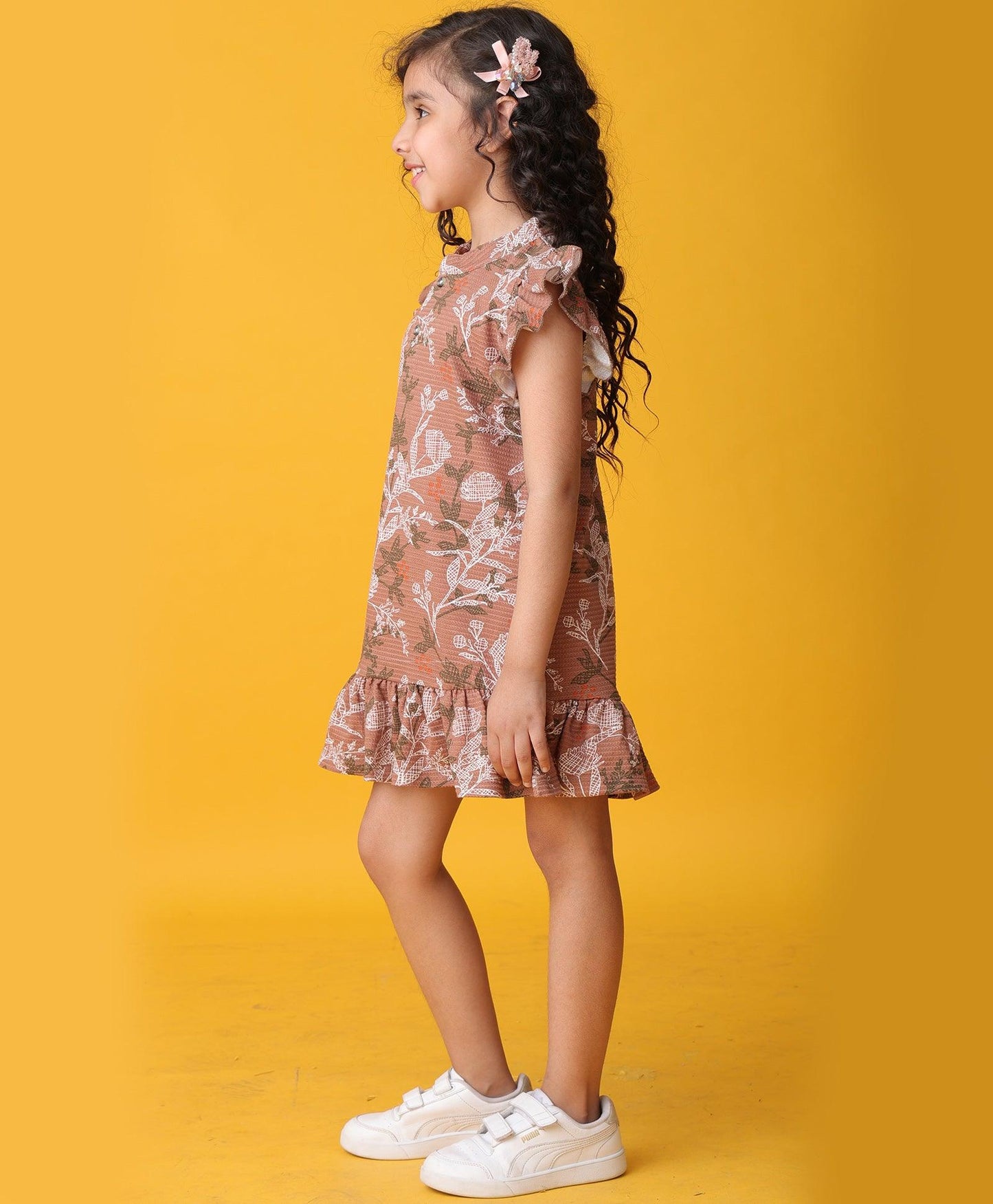 BROWN FLORAL TEXTURE FRILL DRESS - BROWN