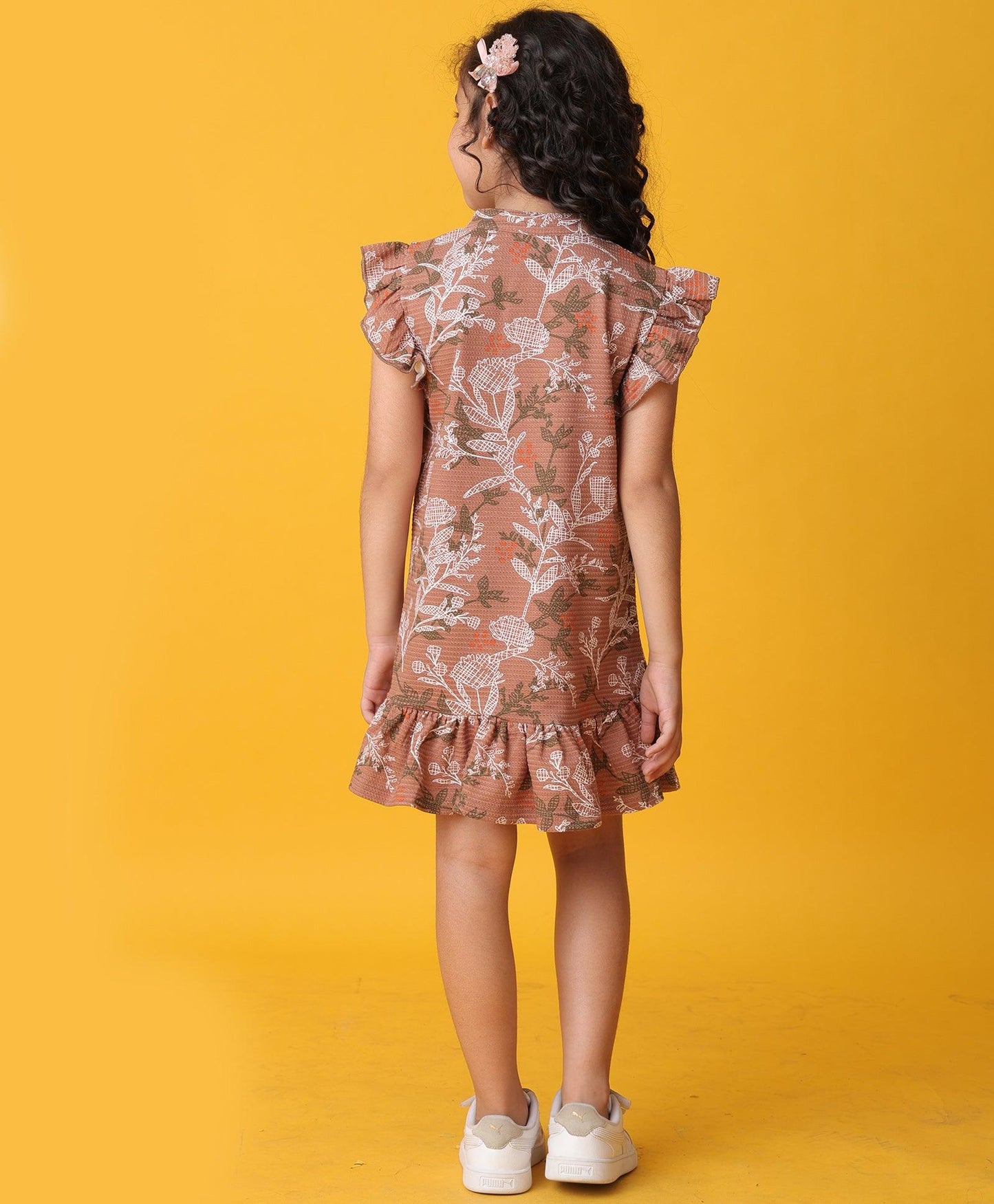 BROWN FLORAL TEXTURE FRILL DRESS - BROWN