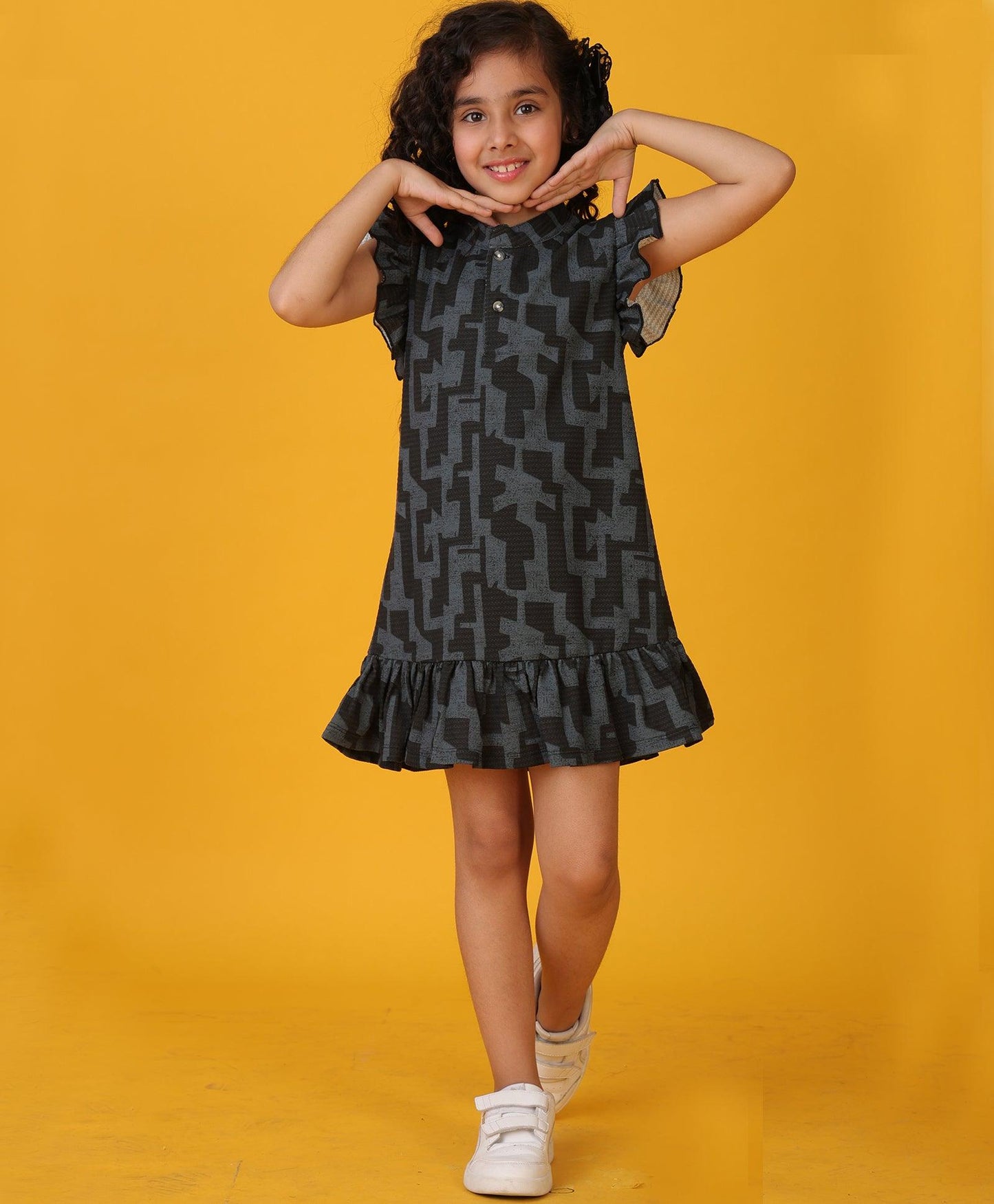 BLACK GREY  FLORAL TEXTURE FRILL DRESS - BLACK