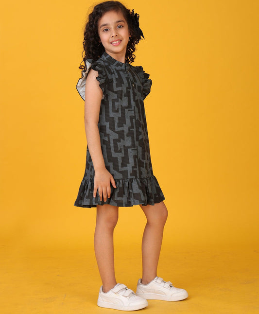 BLACK GREY FLORAL TEXTURE FRILL DRESS - BLACK